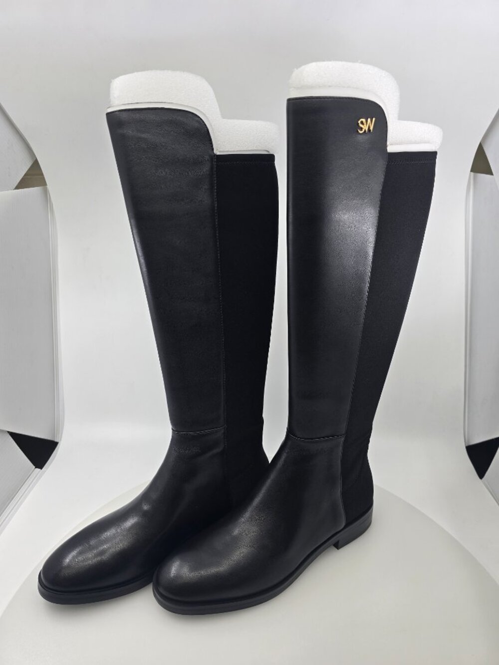 Stuart Weitzman Boots KEELAN Tall Knee Booties Black Leather 6 Stretch SIZE 6.5B
